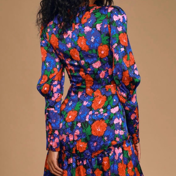 Eva Cobalt Blue Floral Print Puff Sleeve Mini Dress - Picture 4 of 5